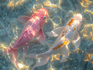 two beautifully colored koi fish swimming in a clear, shallow body of water, surrounded by bubbles and underwater vegetation. The water has a light blue hue