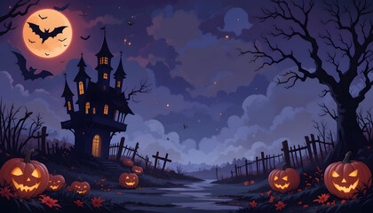 Silhouette Spooky Halloween banner illustration banner. Halloween themed banner with countess castle vampire bat and scary graveyard with glowing pumpkin and full moon