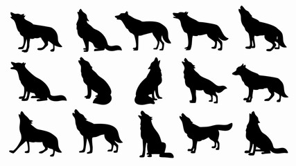Silhouettes of wolves in various poses and movements. 
