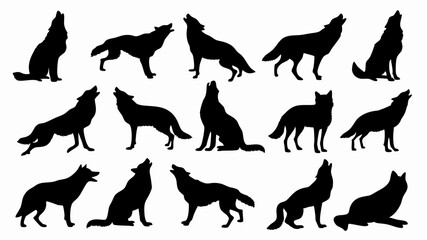 Silhouettes of wolves in various poses and movements. 