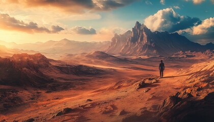 Naklejka premium Silhouette figure stands on a desert mountain range at golden hour.