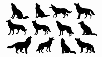 Silhouettes of wolves in various poses and movements. 