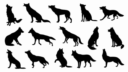 Silhouettes of wolves in various poses and movements. 