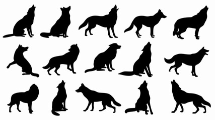Silhouettes of wolves in various poses and movements. 