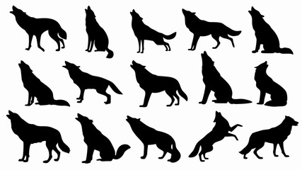 Silhouettes of wolves in various poses and movements. 