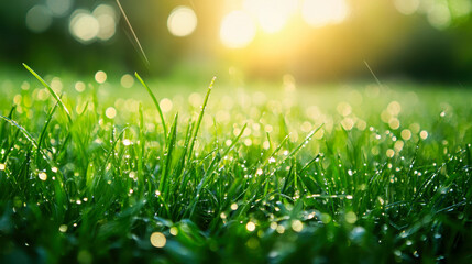 Obraz premium Fresh rain creates a sparkling green field as sunlight beams warmly above