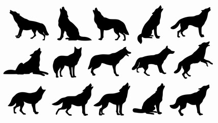 Silhouettes of wolves in various poses and movements. 