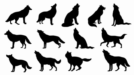 Silhouettes of wolves in various poses and movements. 