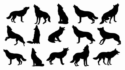 Silhouettes of wolves in various poses and movements. 