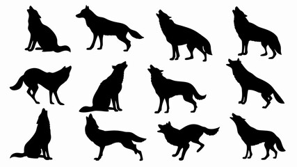 Silhouettes of wolves in various poses and movements. 