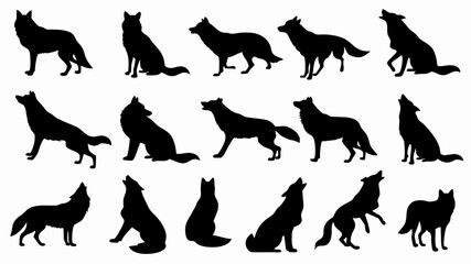 Silhouettes of wolves in various poses and movements. 