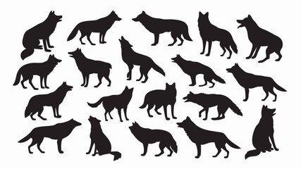 Silhouettes of wolves in various poses and movements. 