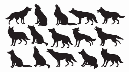 Silhouettes of wolves in various poses and movements. 