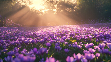 Naklejka premium Morning sunlight illuminates a field of violet crocuses with glistening dewdrops