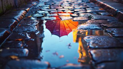 Reflecting spring umbrella in puddle on romantic cobblestone street