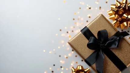A stunning gold present adorned with a black ribbon sits on a pristine surface, surrounded by twinkling lights, evoking a sense of celebration and elegance.