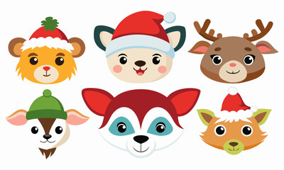 Download Cute Animal Heads With Santa Hat 9 Silhouette  Vector Art Collection: Farm, Wild, And Marine Animals Clipart On White Background Svg File For Design.