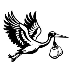 Flying Stork Carrying Baby Bundle in Beak Vintage Style Black and White Illustration