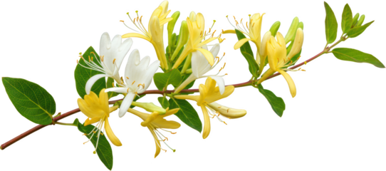 Vibrant Honeysuckle Blossom Branch with Yellow and White Flowers and Lush Green Leaves