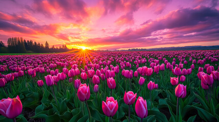 Vibrant spring tulip field at sunset with dramatic skies and colorful clouds