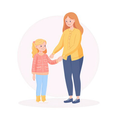 A cheerful mother and daughter holding hands, showcasing a moment of love and connection. Simple, colorful illustration, perfect for family-oriented themes.