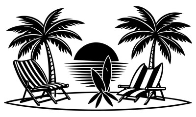 Obraz premium Download Vector Silhouette Beach Chairs Surfboards Palm Trees Sunset Sky Simple Design Flat Colors Svg File For Design. 
