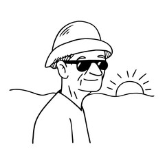 Obraz premium Stylish Elderly Man with Sunglasses and Hat Against Sunrise Vector Illustration for Design
