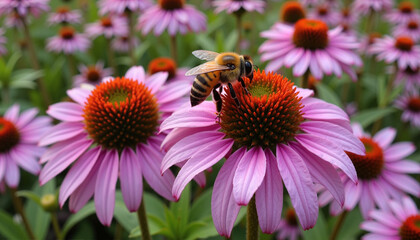 Bee Collecting Nectar on Pink Flowers in a Garden  