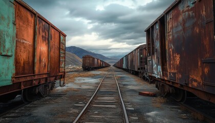 Fototapeta premium Rusty freight cars line a deserted railway track.