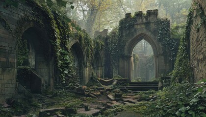 Fototapeta premium Verdant overgrown ruins of a stone church.