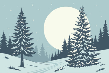 Fototapeta premium Snow-covered fir trees under a glowing full moon create a serene winter night scene—perfect for seasonal designs and holiday visuals.​ 