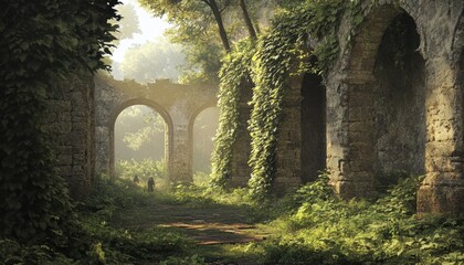 Sun-drenched overgrown ruins of a forgotten place.