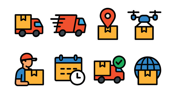 Set of delivery icons: truck, fast truck, location, drone, courier, calendar, truck, globe.