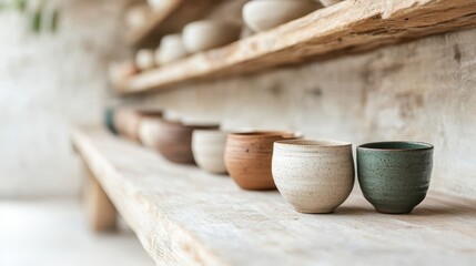 A stylish arrangement of different pottery mugs sit gracefully on a wooden shelf, each uniquely crafted, illustrating the beauty of artisanal work in a refined setting.