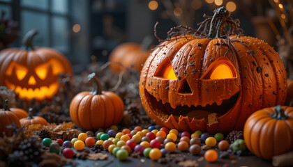 Glowing jack o lantern with candies sweets and treats in the spooky castle. Halloween 2025. Trick or treat theme