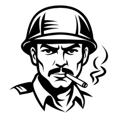 Obraz premium Vintage Soldier Portrait with Helmet and Cigarette for Tattoo and Illustration Design