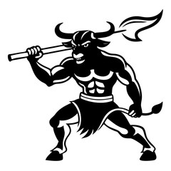 Bold Warrior Bull Mascot Flexing Muscles Wielding a Staff for Sports Team Branding