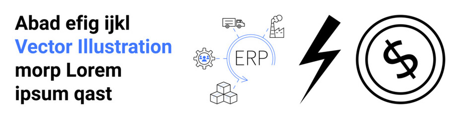 Gear, chart, ERP text, process icons, lightning bolt, dollar sign encircled. Ideal for technology, business growth, energy finance automation system process abstract line flat metaphor