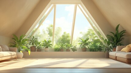 Sunlit attic room, plants, sofas, window view, peaceful home design