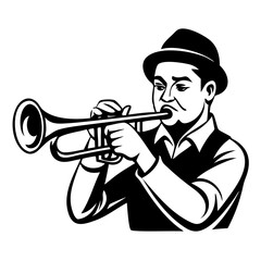 Vintage Musician Playing Trumpet in Elegant Attire Perfect for Tattoo Design or Artwork