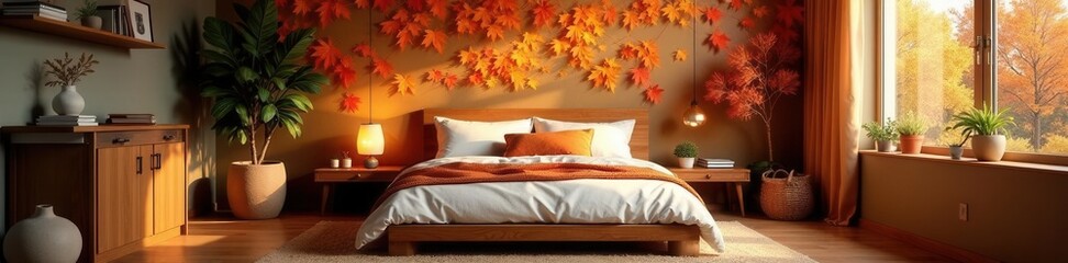 Cozy autumn bedroom, leaf wall art, warm lighting, image, peaceful