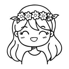Obraz premium Cheerful Girl with Flower Crown Cute Cartoon Character for Coloring and Tattoo Designs