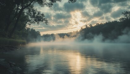 Misty riverbank at dawn, shrouded in tranquil fog.