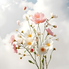 Flowers in a pastel colors on a sunset sky background