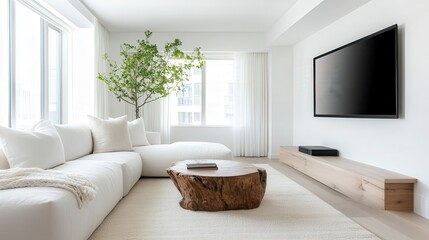 A serene modern living room featuring a minimalist design, soft textures, and a touch of greenery, ideal for showcasing contemporary lifestyle and simplicity in living space.
