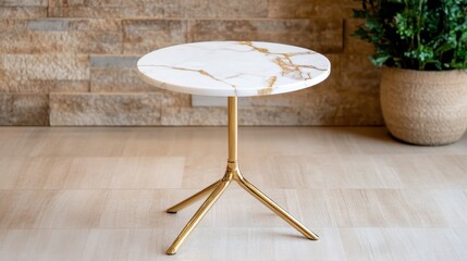 A stylish round marble table featuring rich gold accents, designed to add sophistication and elegance to modern living spaces while providing functional beauty.