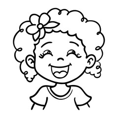 Obraz premium Cheerful Smiling Girl with Curly Hair and Flower Accessory for Coloring Book Design