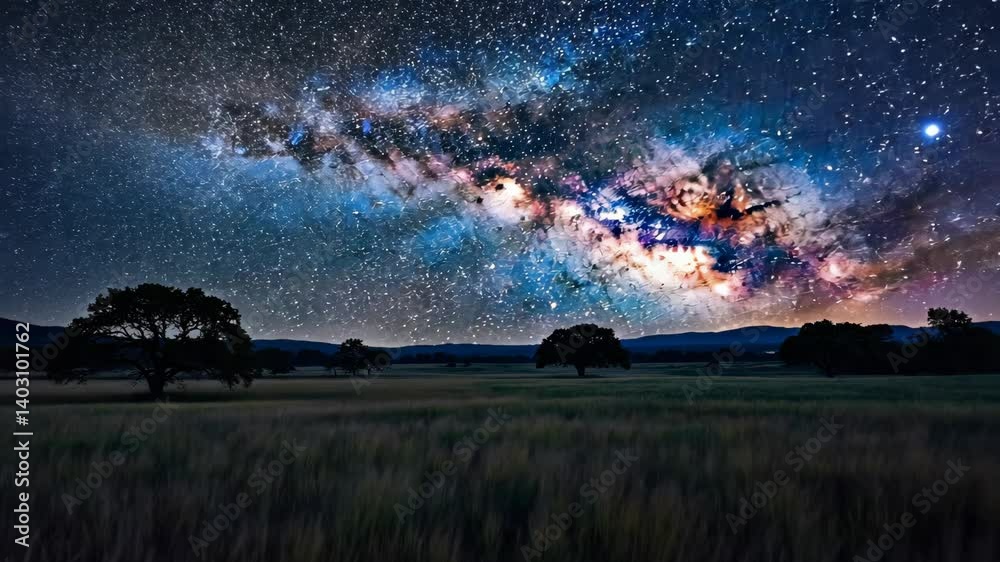 Wall mural stunning celestial spectacle displaying the milky way over a tranquil field at night, with trees sil