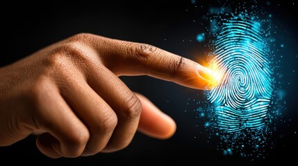 Remote work home office remote access concept. A finger touches a glowing fingerprint, symbolizing identity and technology.