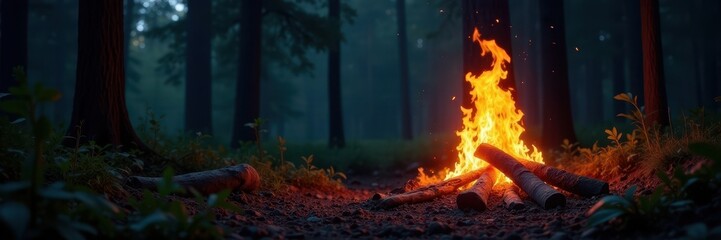 Crackling campfire flames illuminate dark forest, rural, survival, wood
